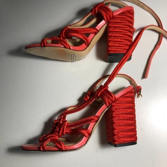 Cabi Tiptoe Knotted Rope Strappy Heeled Sandals Hibiscus Red Size 9M - Picture 8 of 8